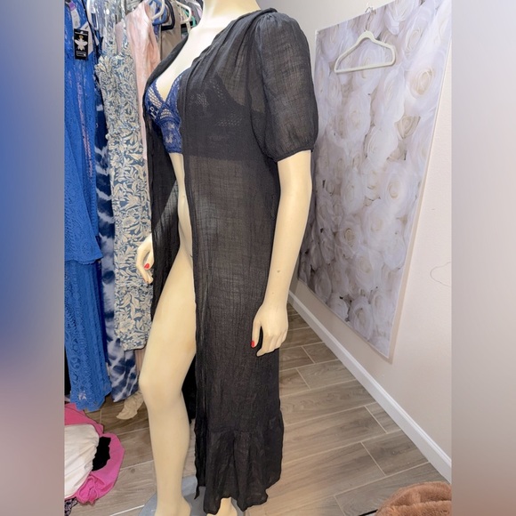 RUFFLED HEM SHEER BLACK OPEN FRONT SHORT SLEEVE DUSTER FOR LAYERING OR COVERUP M - Picture 1 of 10